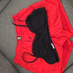 Savage X Fenty Black Lace Bralette with Red Shorts. Bottoms Large, Bra Xl